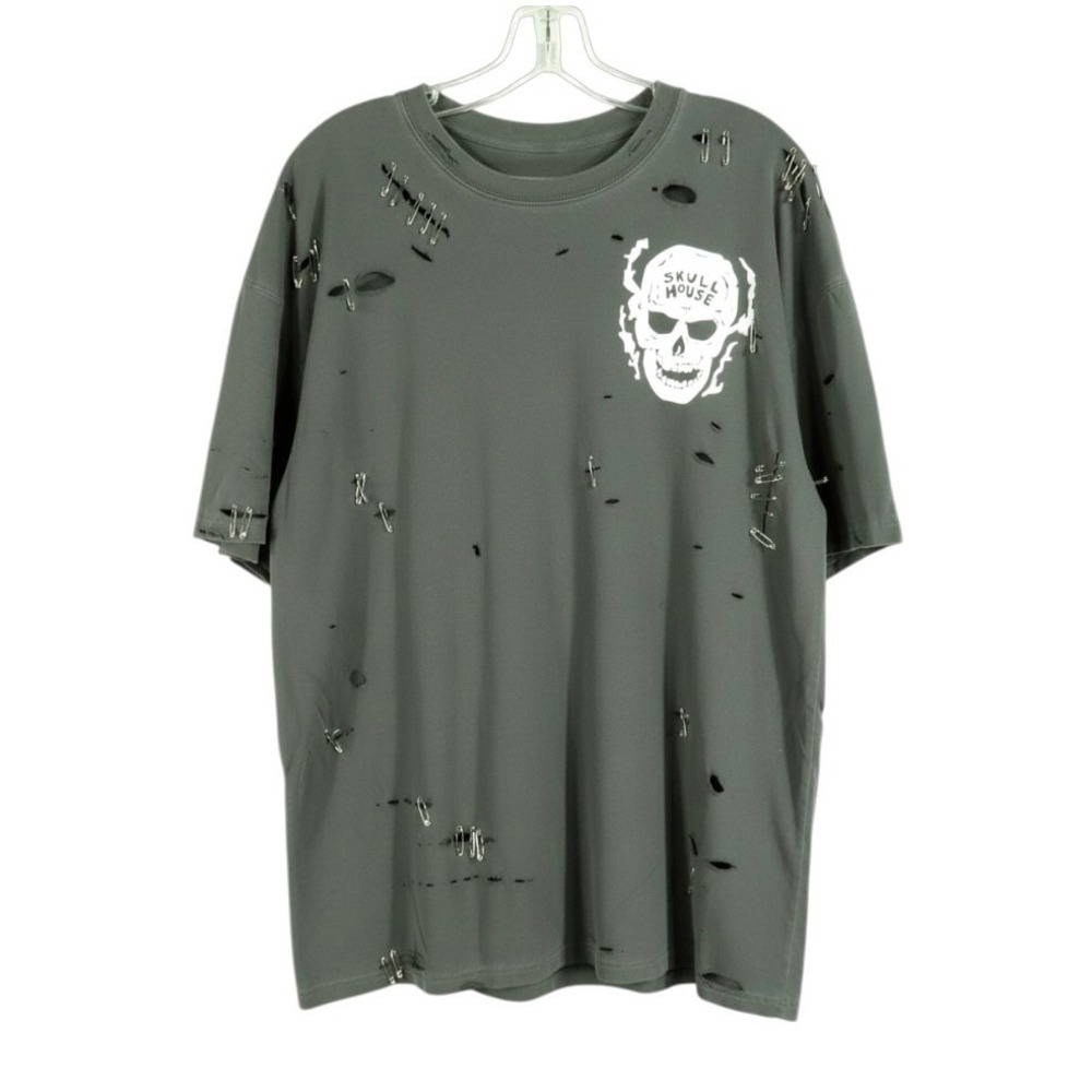 SKULL HOUSE Tour of the World 2020 T-SHIRT Faded Gray SAFETY PINS SHREDDED sz M